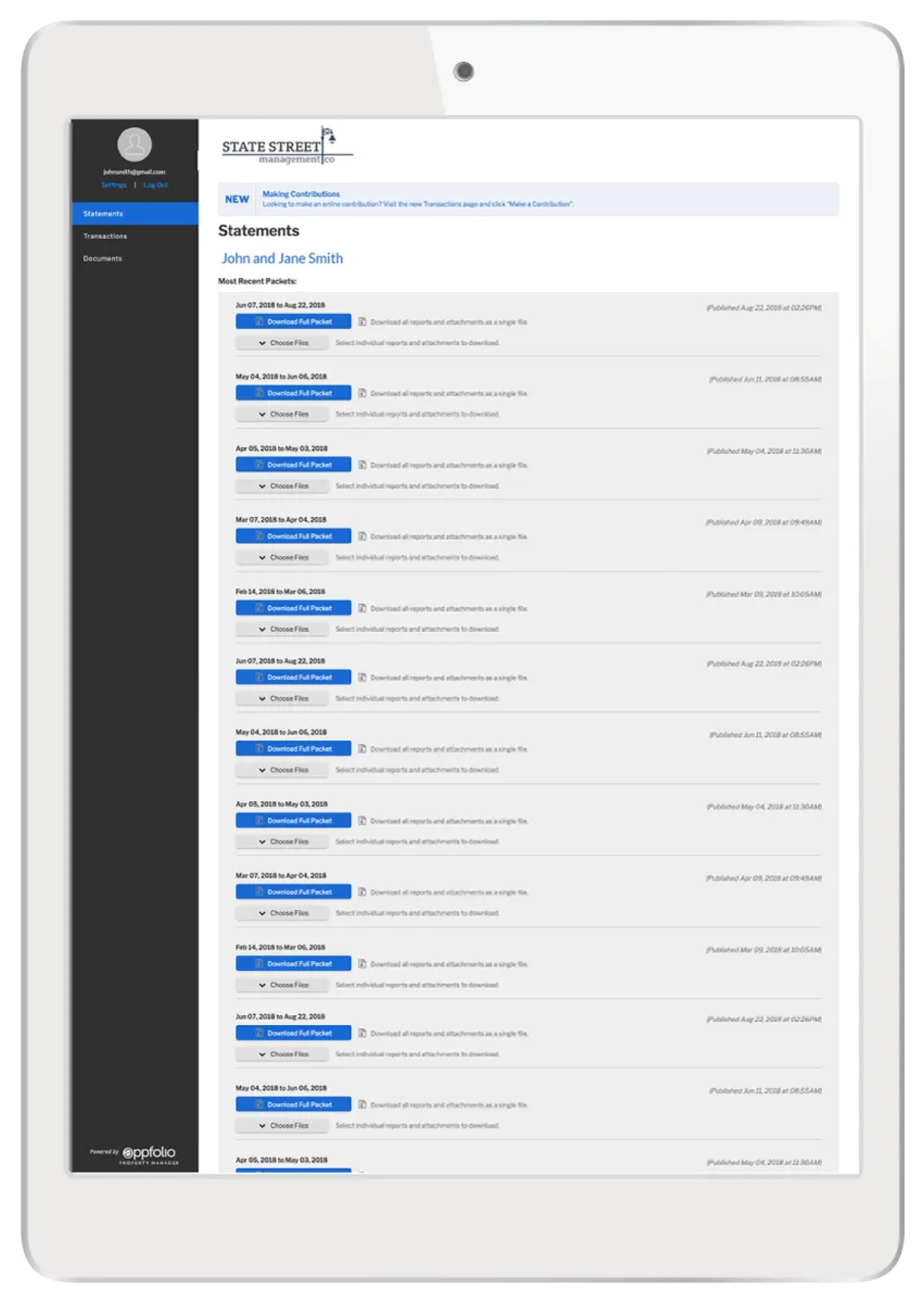 Owner Portal dashboard showing financial statements and downloadable packets